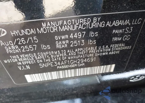 2016 Hyundai Sonata Sport из США, поврежденный, VIN 5NPE34AF1GH294691